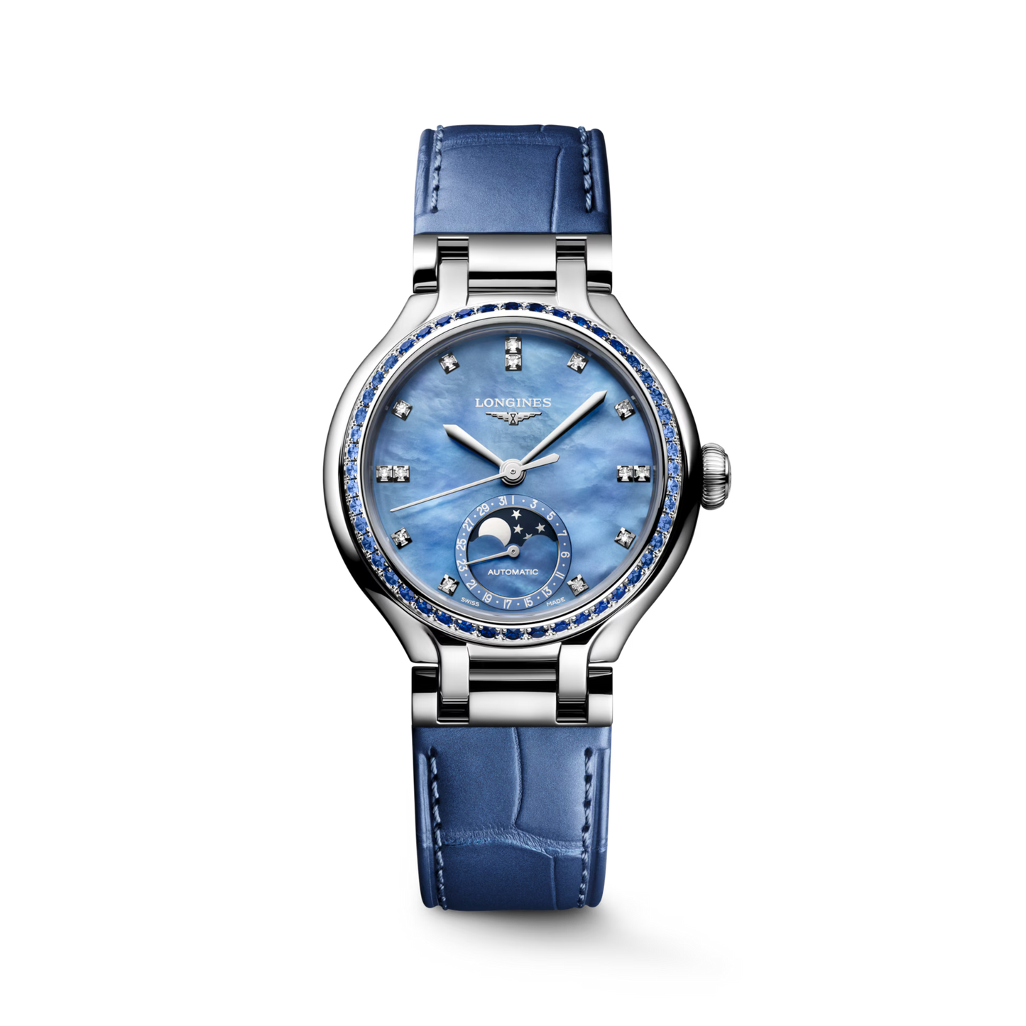 Longines "Primaluna Moonphase" Watch with Blue Mother of Pearl Dial & Blue Alligator Leather Band, 34mm - Carter's Collective Fine Jewelry