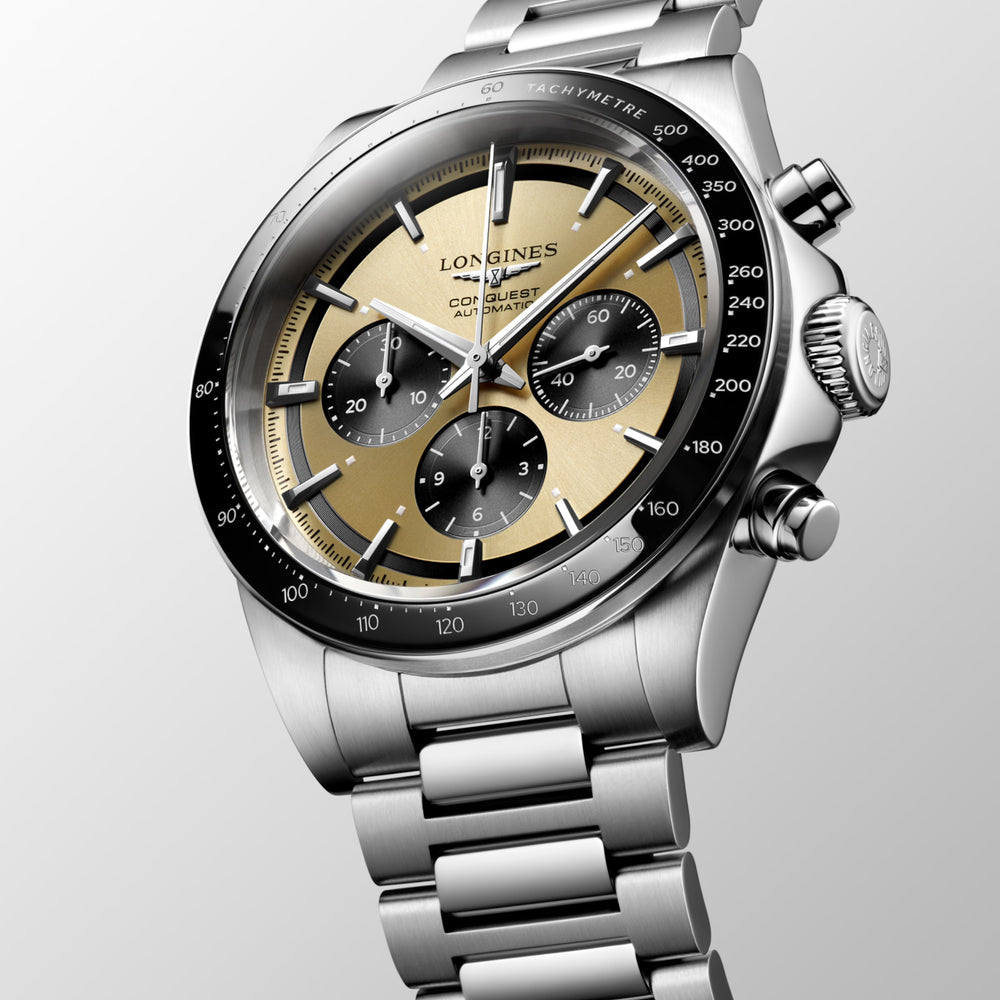 
                  
                    Longines "Conquest Chronograph" Watch with Black Ceramic Bezel & Yellow Dial, 42mm - Carter's Collective Fine Jewelry
                  
                
