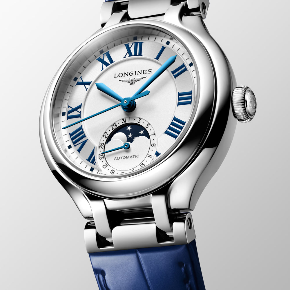 
                  
                    Longines "Primaluna Moonphase" Watch with Opaline Ivory Dial & Blue Alligator Leather Strap, 34mm - Carter's Collective Fine Jewelry
                  
                