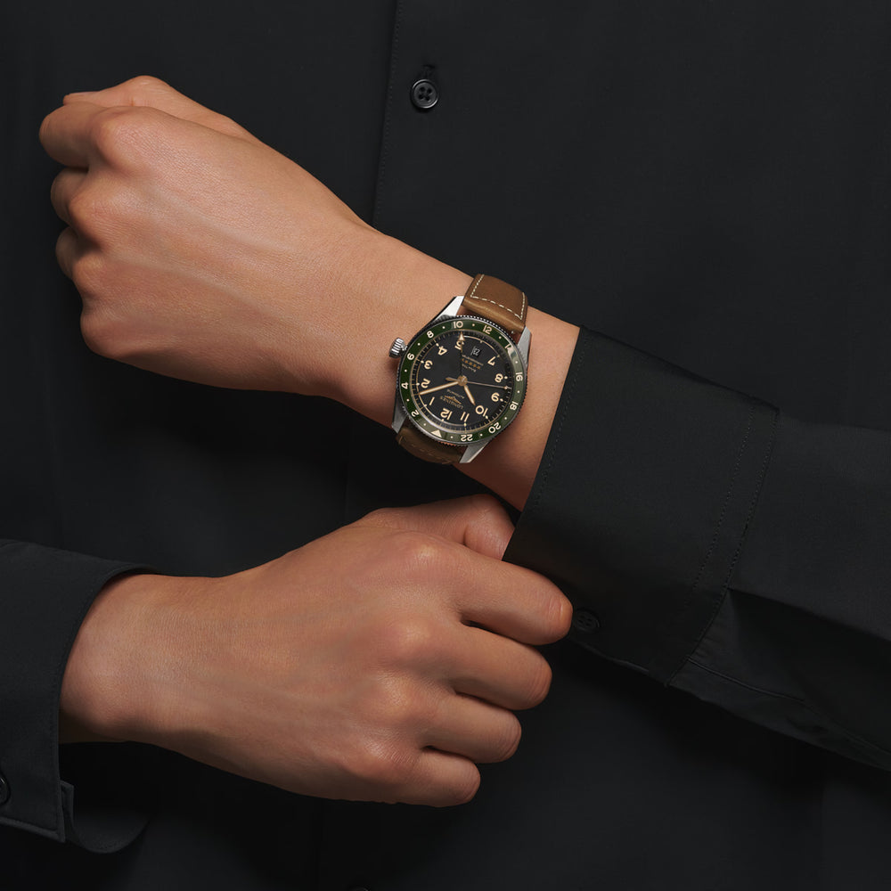 
                  
                    Longines "Spirit Zulu Time" Watch - Stainless Steel with Green Ceramic Bezel, Anthracite Dial & Brown Leather Band, 42mm - Carter's Collective Fine Jewelry
                  
                