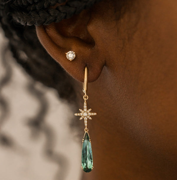 Pear Shape Green Tourmaline and Diamond Starburst Dangle Earrings
