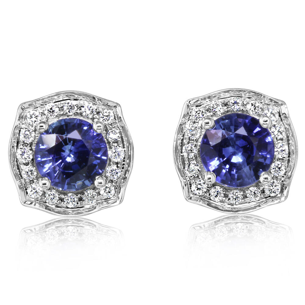 14K White Gold Blue Sapphire Earrings with Diamond Accents