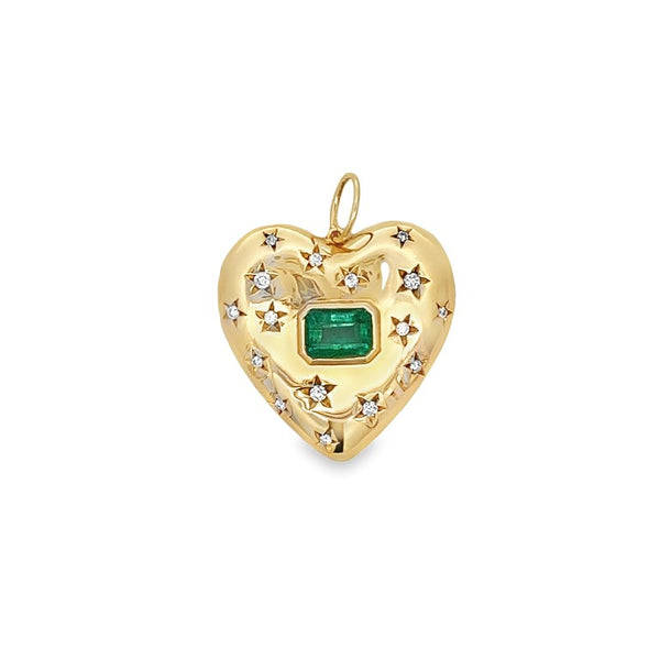 Emerald Center and Celestial Diamond Accent Puff Heart Charm (CHAIN NOT INCLUDED)