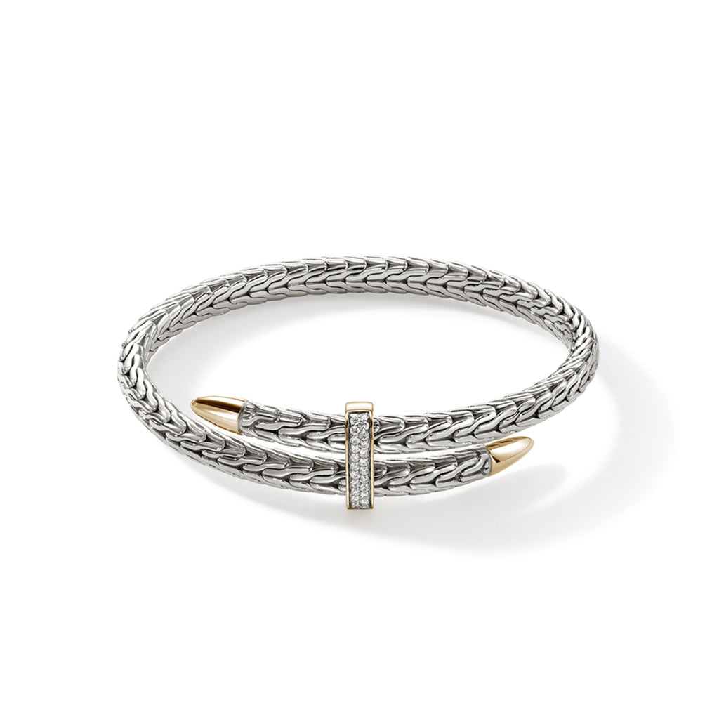 John Hardy Spear Flex Cuff, Silver & Gold & Diamonds, 0.24 CTTW - Carter's Collective Fine Jewelry
