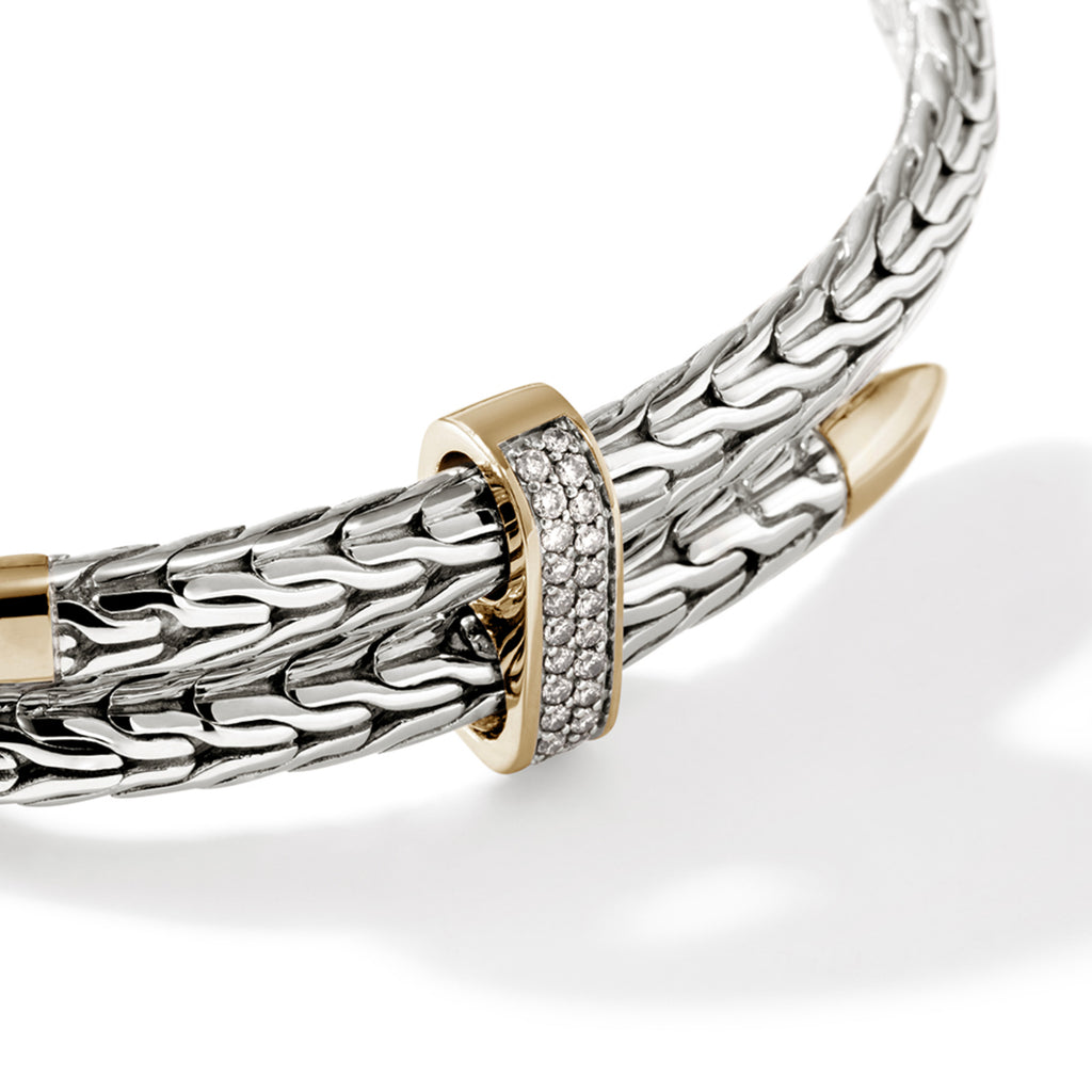 John Hardy Spear Flex Cuff, Silver & Gold & Diamonds, 0.24 CTTW - Carter's Collective Fine Jewelry