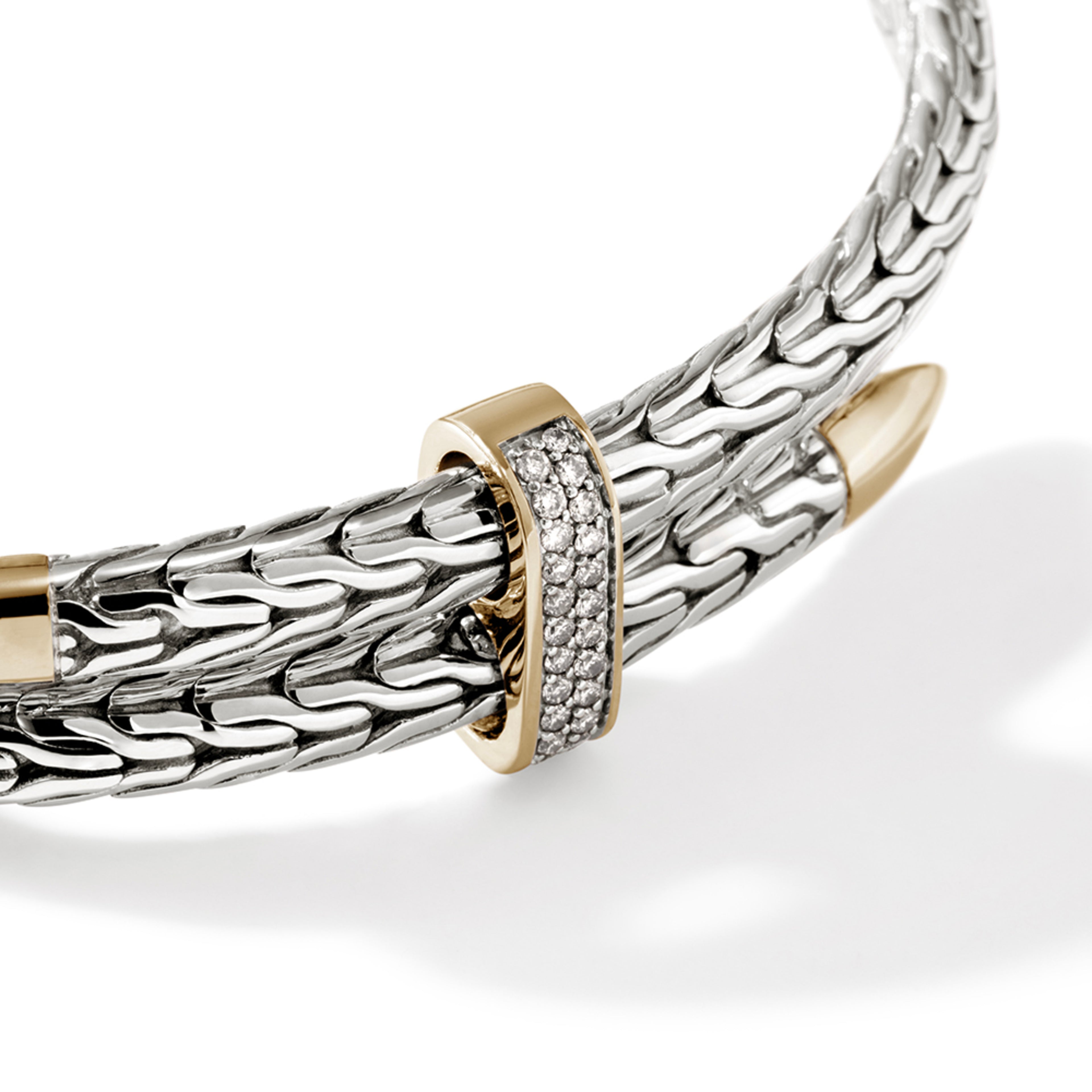 John Hardy Spear Flex Cuff, Silver & Gold & Diamonds, 0.24 CTTW - Carter's Collective Fine Jewelry