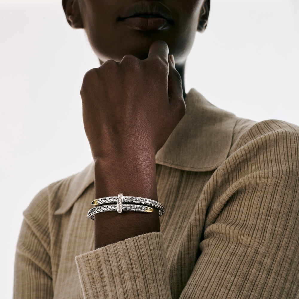 John Hardy Spear Flex Cuff, Silver & Gold & Diamonds, 0.24 CTTW - Carter's Collective Fine Jewelry