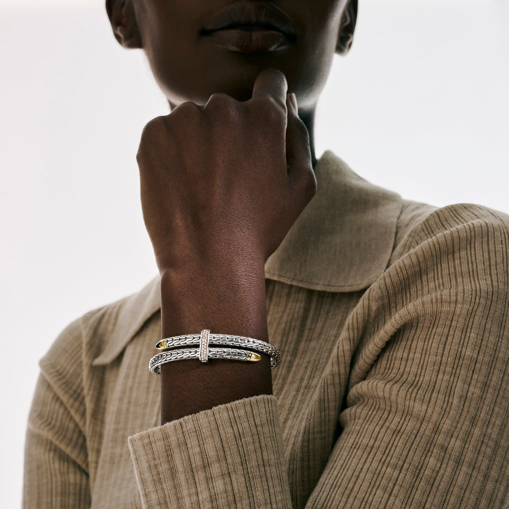 John Hardy Spear Flex Cuff, Silver & Gold & Diamonds, 0.24 CTTW - Carter's Collective Fine Jewelry