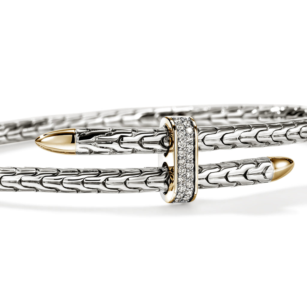 John Hardy Spear Flex Cuff, Gold & Sterling Silver & Diamonds, 0.16 CTTW - Carter's Collective Fine Jewelry