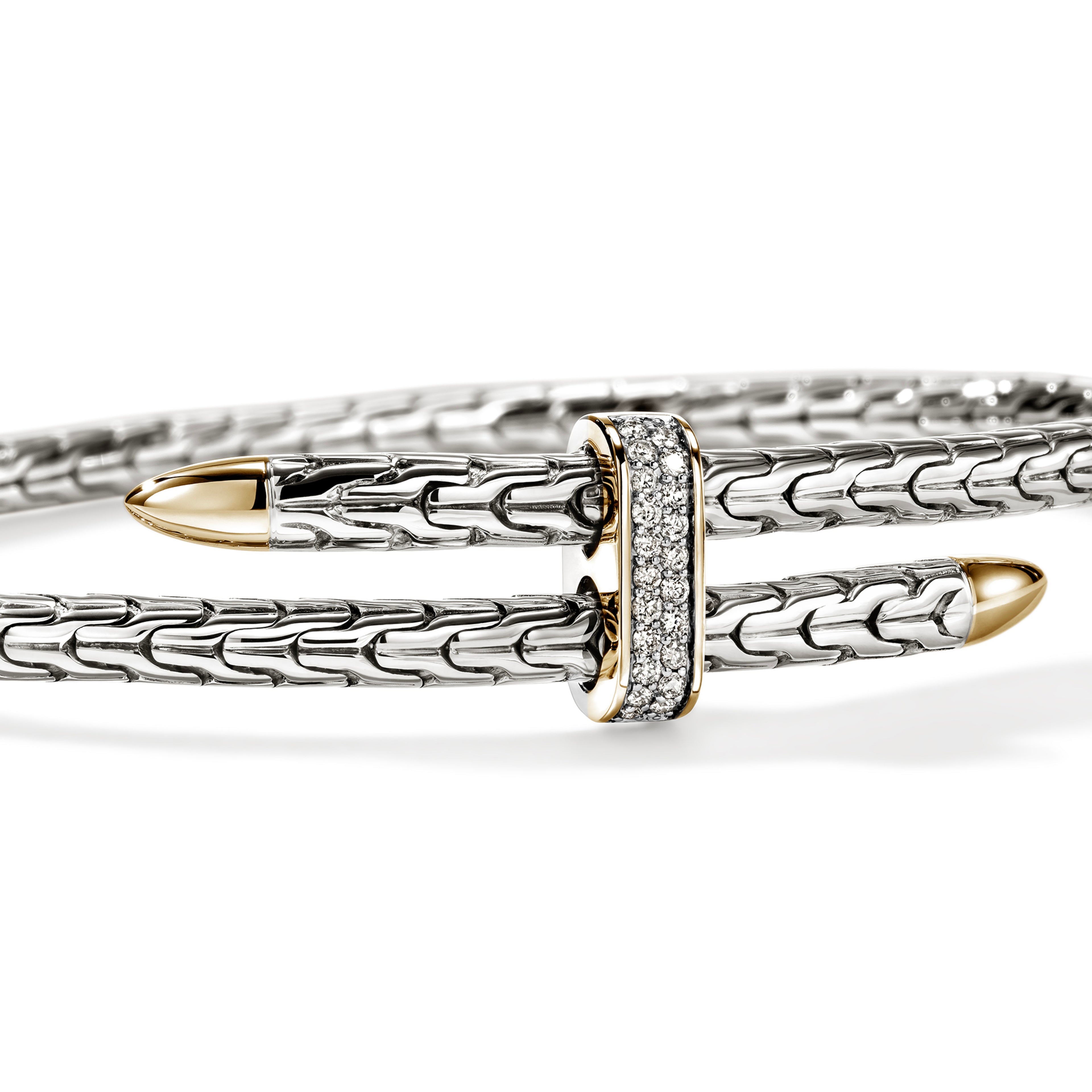 John Hardy Spear Flex Cuff, Gold & Sterling Silver & Diamonds, 0.16 CTTW - Carter's Collective Fine Jewelry