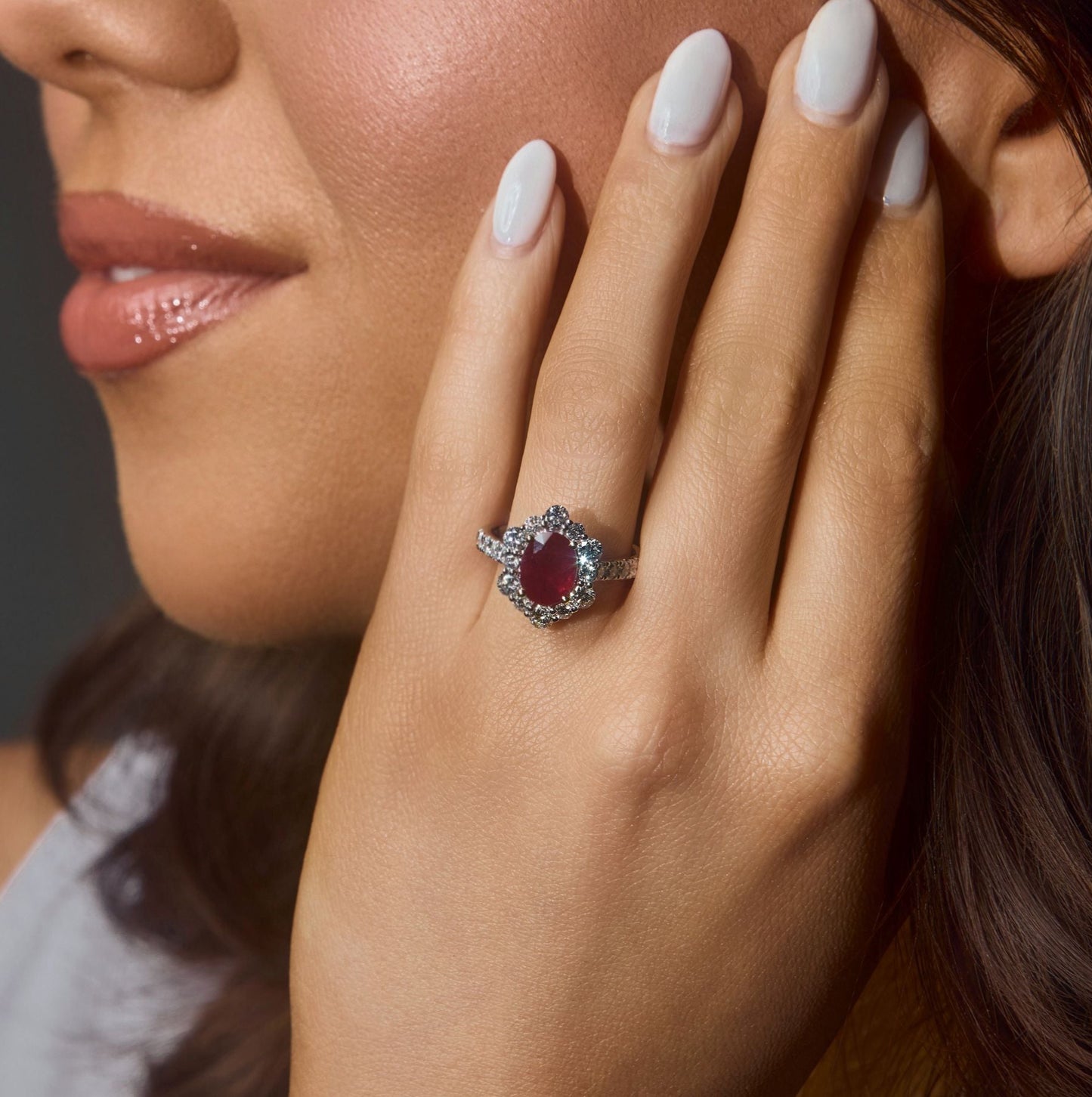 Oval Ruby Scalloped Diamond Halo Ring, 3.30 CTTW - Carter's Collective Fine Jewelry