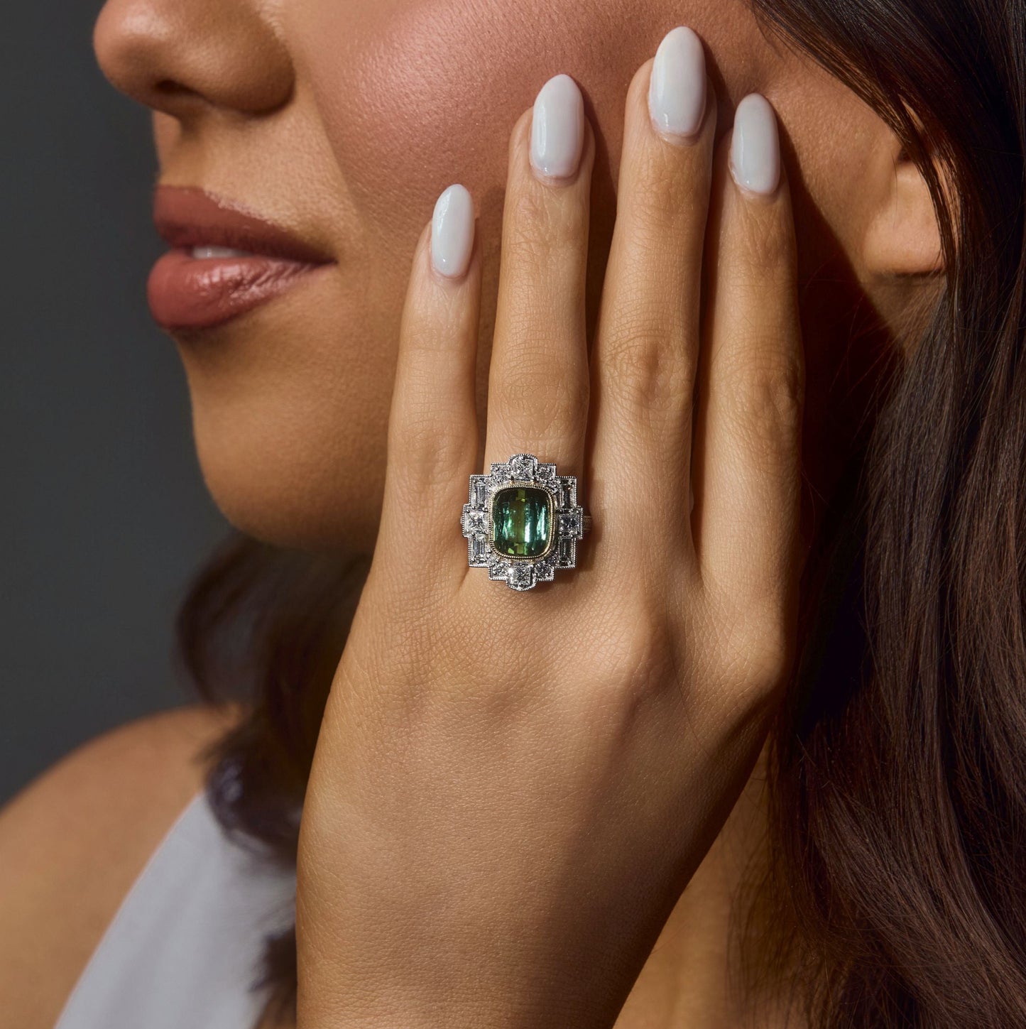 Green Tourmaline Cushion Gemstone Art Deco Inspired Diamond Halo Ring, 6.62 CTTW - Carter's Collective Fine Jewelry