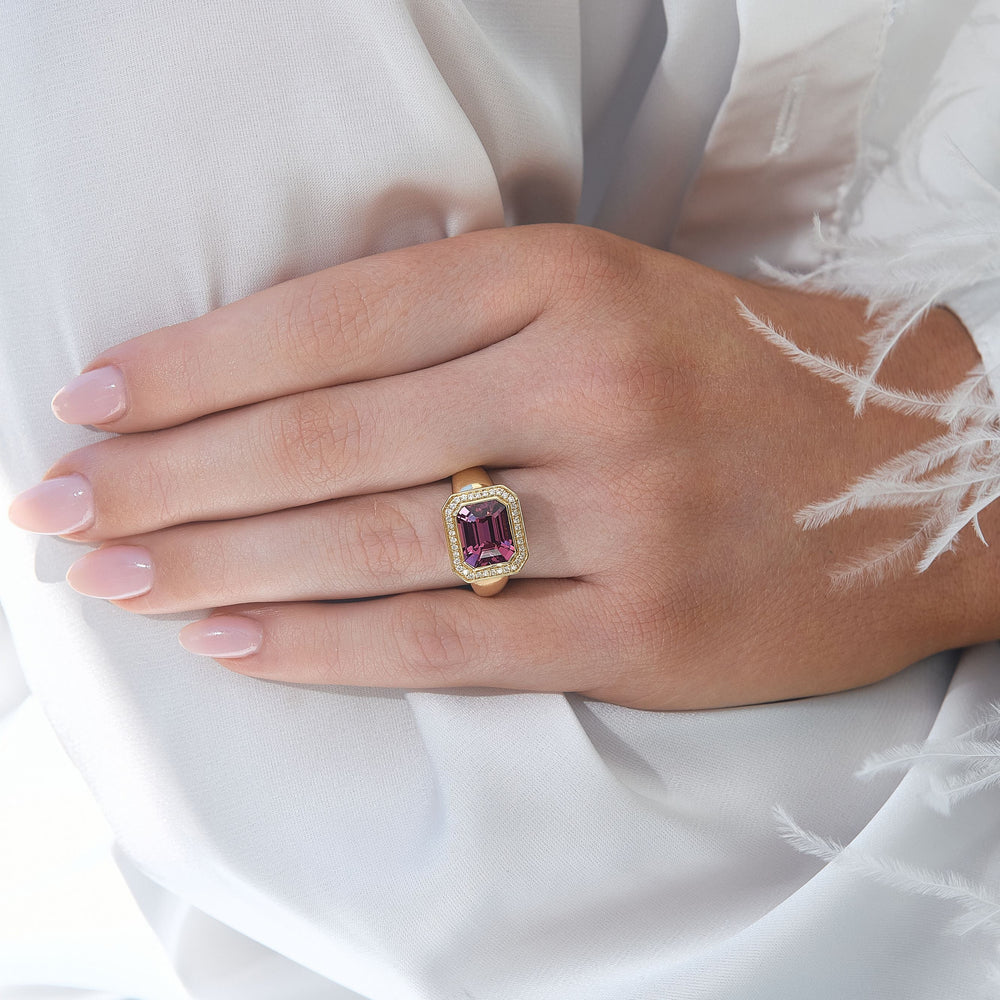 Emerald-Cut Pink Garnet Ring with Natural Diamond Accents, 5.14 CTTW - Carter's Collective Fine Jewelry