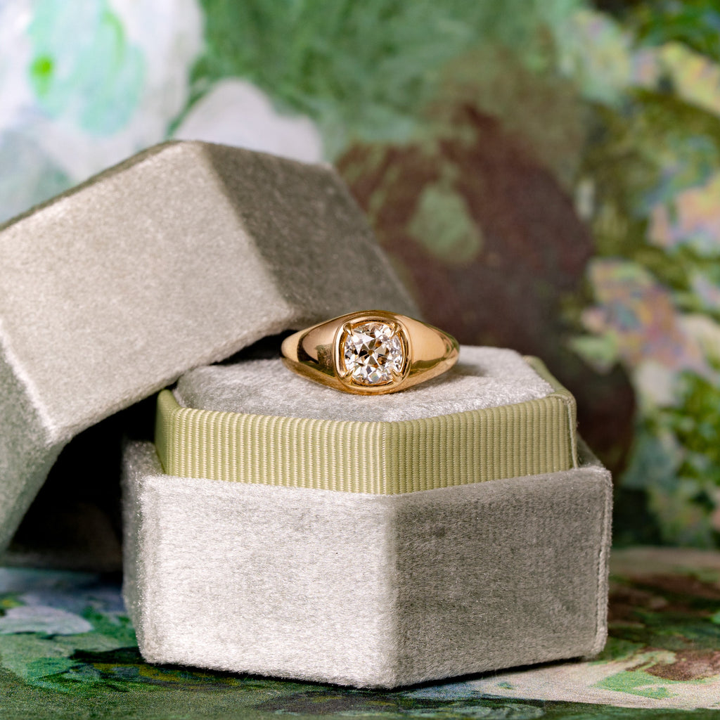 Old Mine Cut Natural Diamond Faux Bezel Signet Engagement Ring, 1.56 CTTW