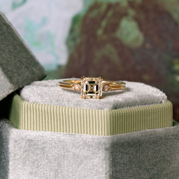 Asscher Cut Natural Diamond Petite Accent Stone Beveled Band Engagement Ring, 1.56 CTTW
