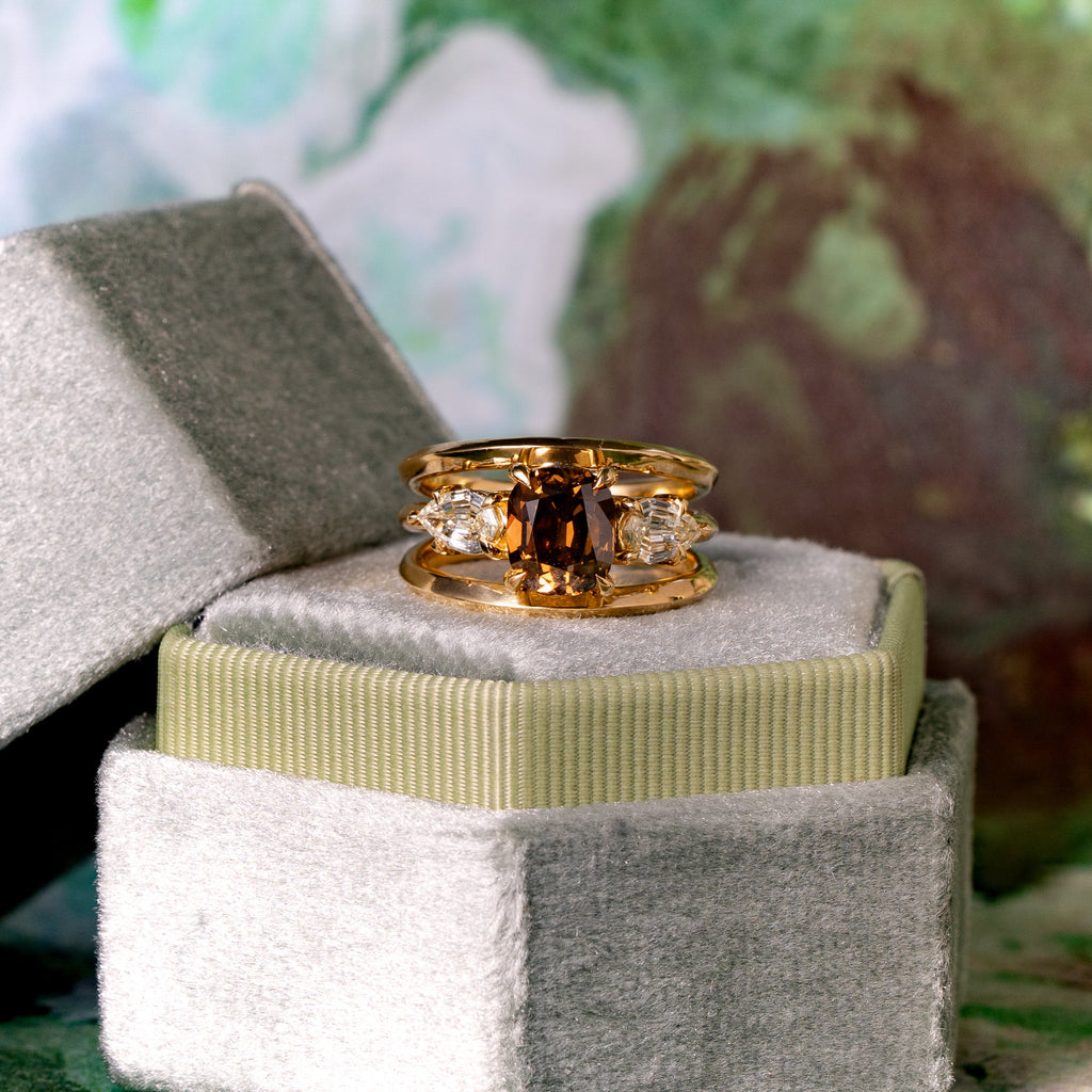 Fancy Dark Orangy Brown Cushion Cut Natural Diamond Three Stone Ring, 3.24 CTTW