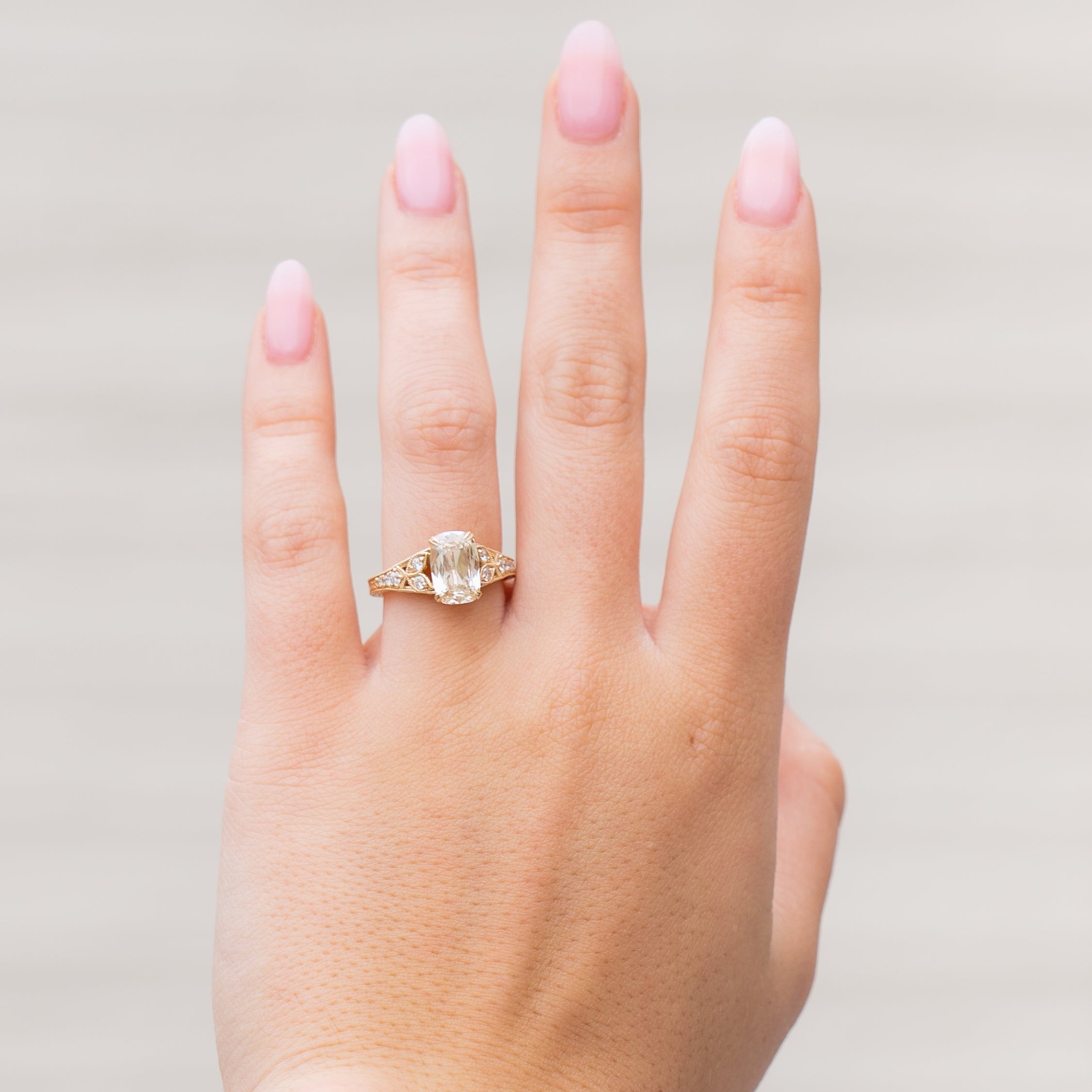 Elongated Antique Cushion Cut Natural Diamond Hand Engraved Tapered Band Engagement Ring, 2.02 CTTW