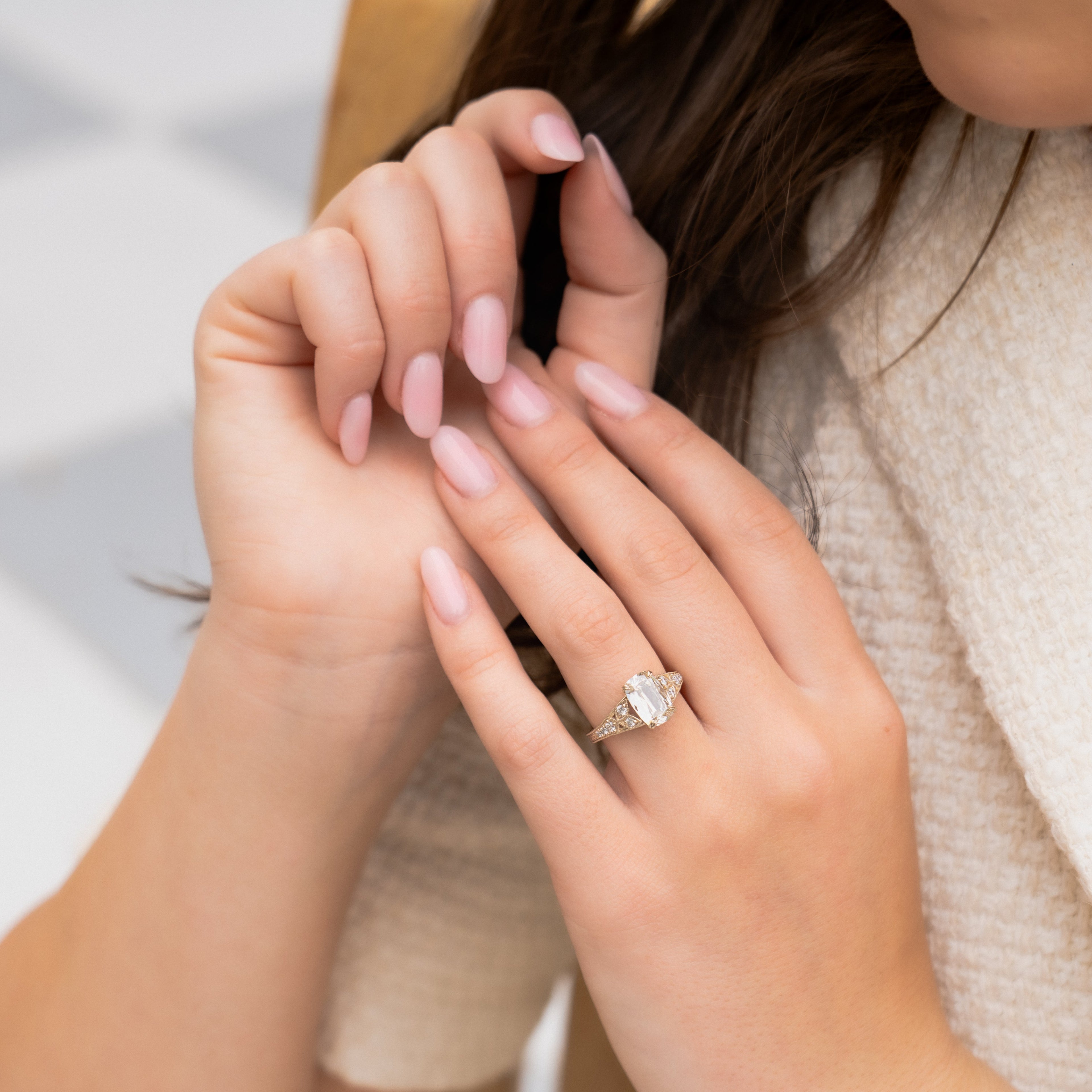 Elongated Antique Cushion Cut Natural Diamond Hand Engraved Tapered Band Engagement Ring, 2.02 CTTW