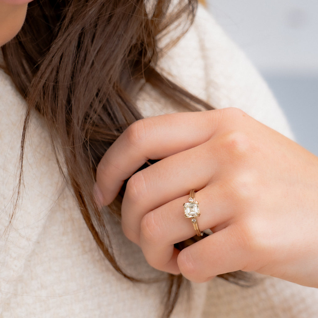 Asscher Cut Natural Diamond Petite Accent Stone Beveled Band Engagement Ring, 1.56 CTTW