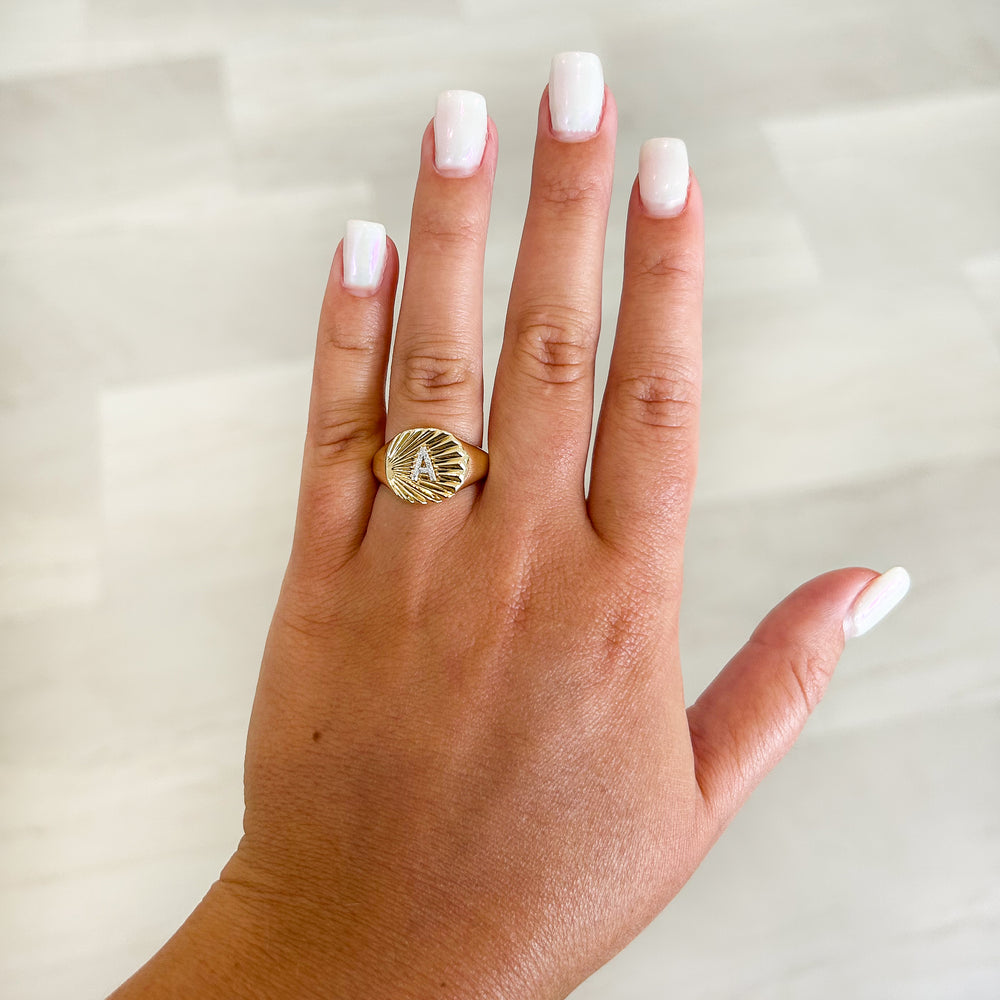 Diamond Initial Fluted Signet Ring