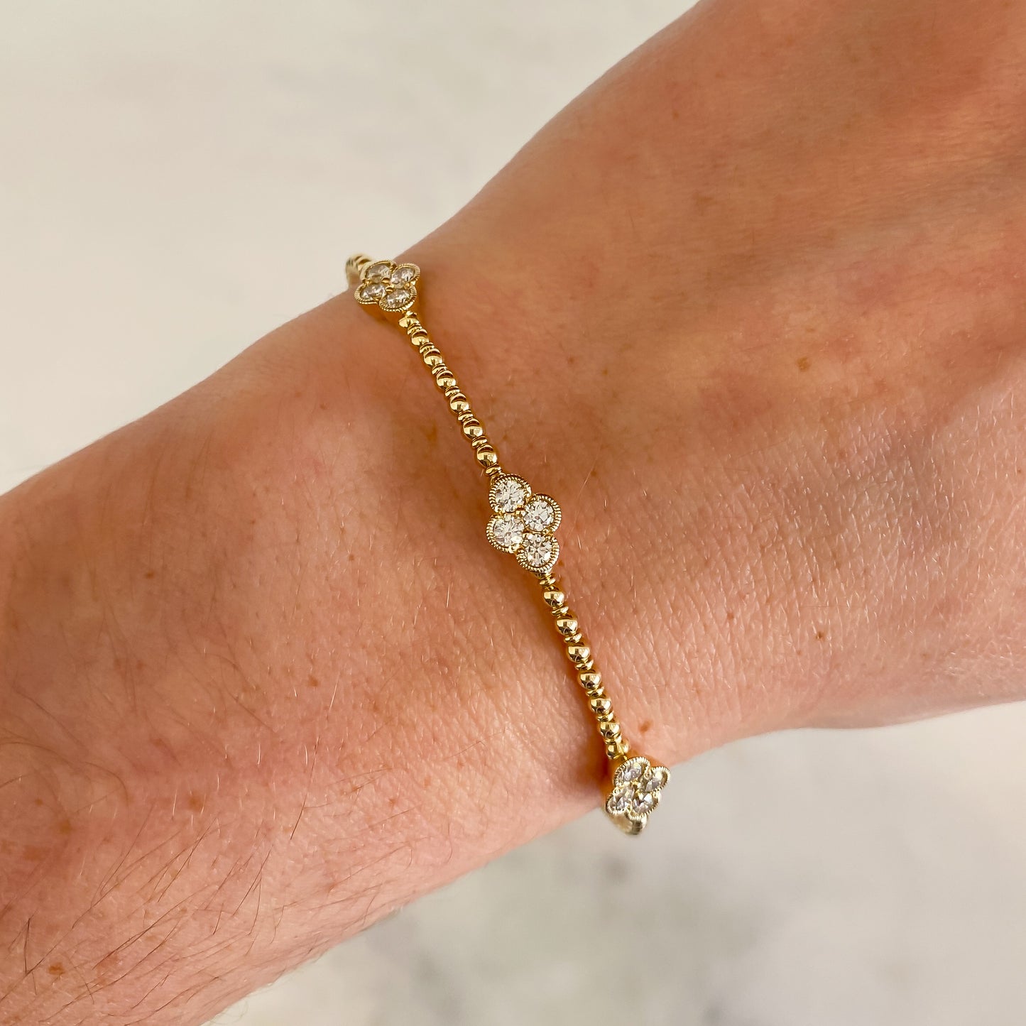 Trio Milgrain Diamond Clover Beaded Bangle Bracelet