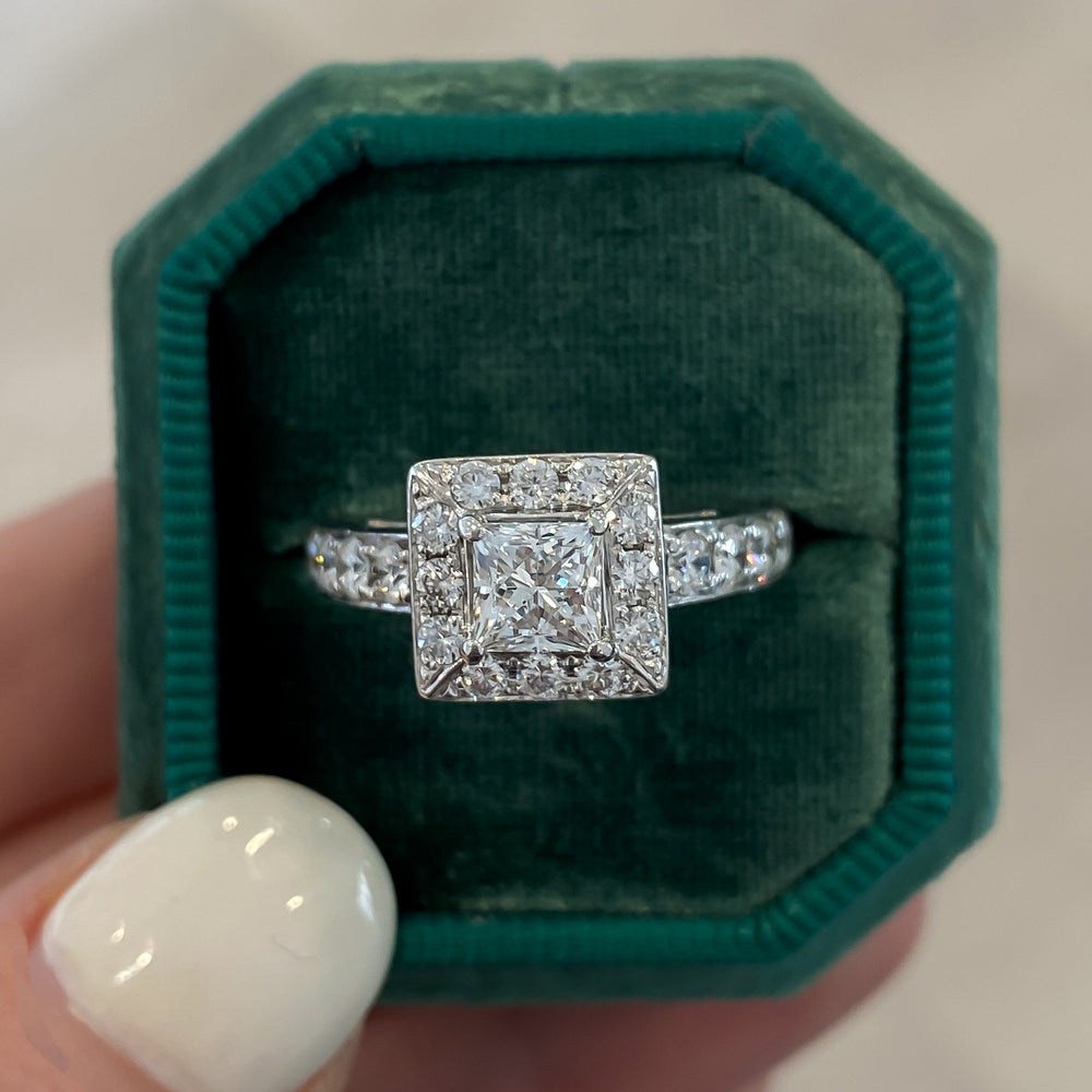 
                  
                    Previously Loved Princess Cut Natural Diamond Engagement Ring with Diamond Halo
                  
                