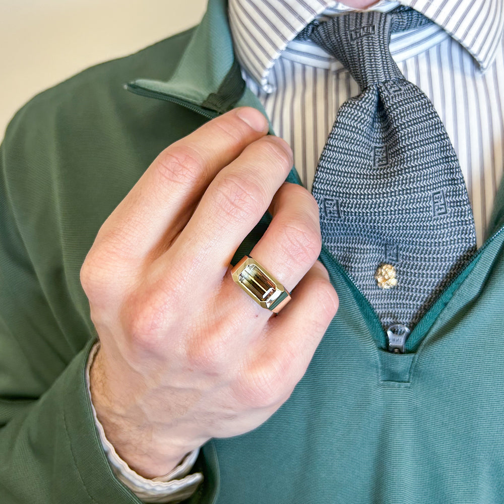 
                  
                    East to West Bi-Color Emerald Cut Oregon Sunstone Men's Signet Ring
                  
                