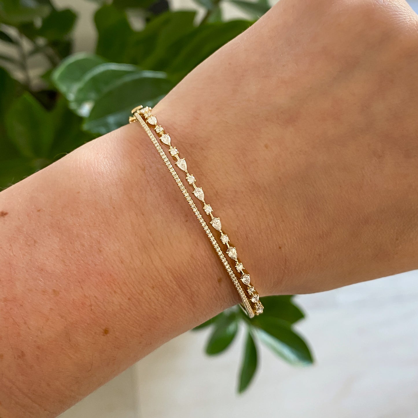 Two Row Open Design Diamond Bangle Bracelet with Pear and Round Diamonds Alternating, 0.93 CTTW - Carter's Collective Fine Jewelry