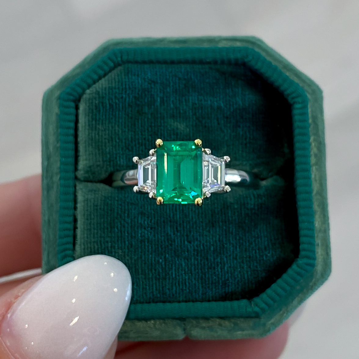 Emerald Three Stone Ring with Trapezoid Diamond Accent Stones - Last Chance - Carter's Collective Fine Jewelry