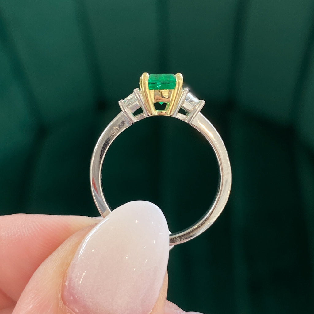 Emerald Three Stone Ring with Trapezoid Diamond Accent Stones - Last Chance - Carter's Collective Fine Jewelry