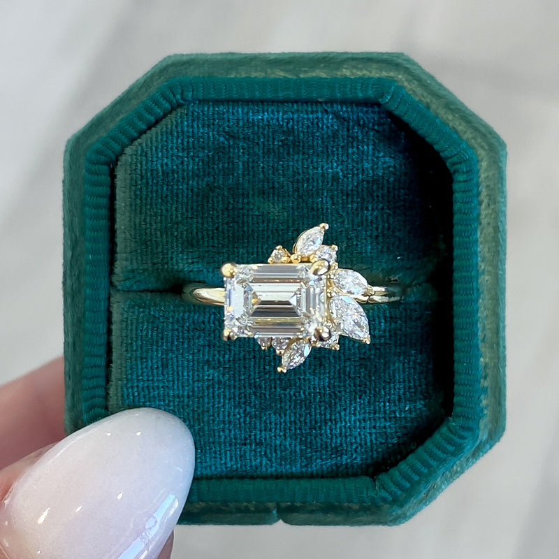 Previously Loved Emerald Cut Lab Grown Diamond Engagement Ring with Abstract Multi Shape Diamond Accents