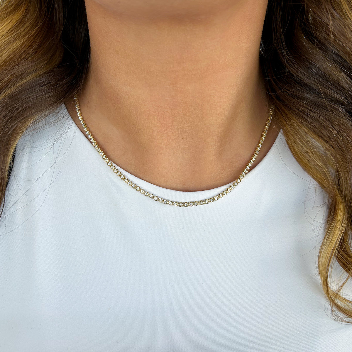 Yellow Gold Crown Set Diamond Tennis Necklace - 1.94cttw