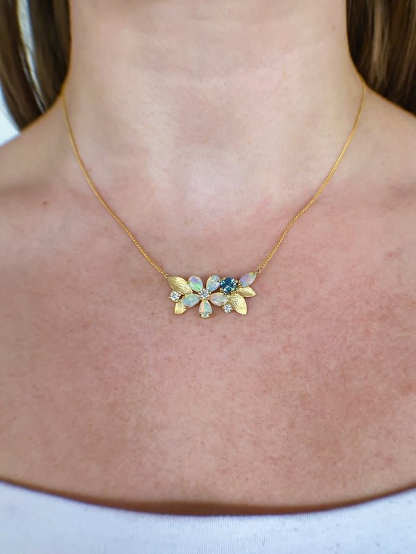 Australian Opal, Montana Sapphire & Diamond Flower Necklace