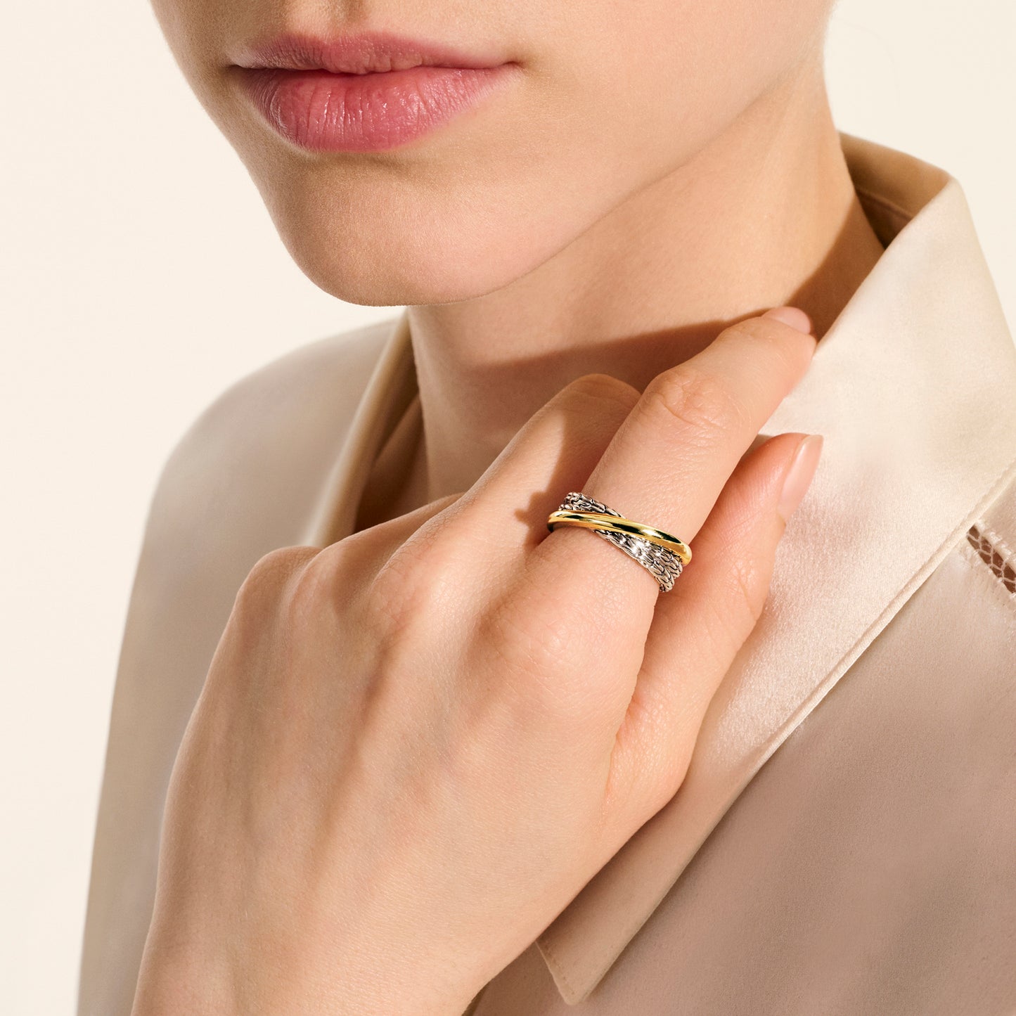 John Hardy JH Essential Crossover Ring, Gold & Sterling Silver - Carter's Collective Fine Jewelry