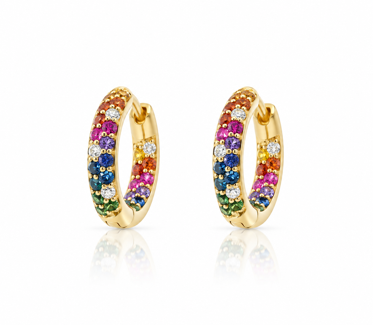 Pave Rainbow Sapphire Huggie Hoop Earrings, 0.87 CTTW