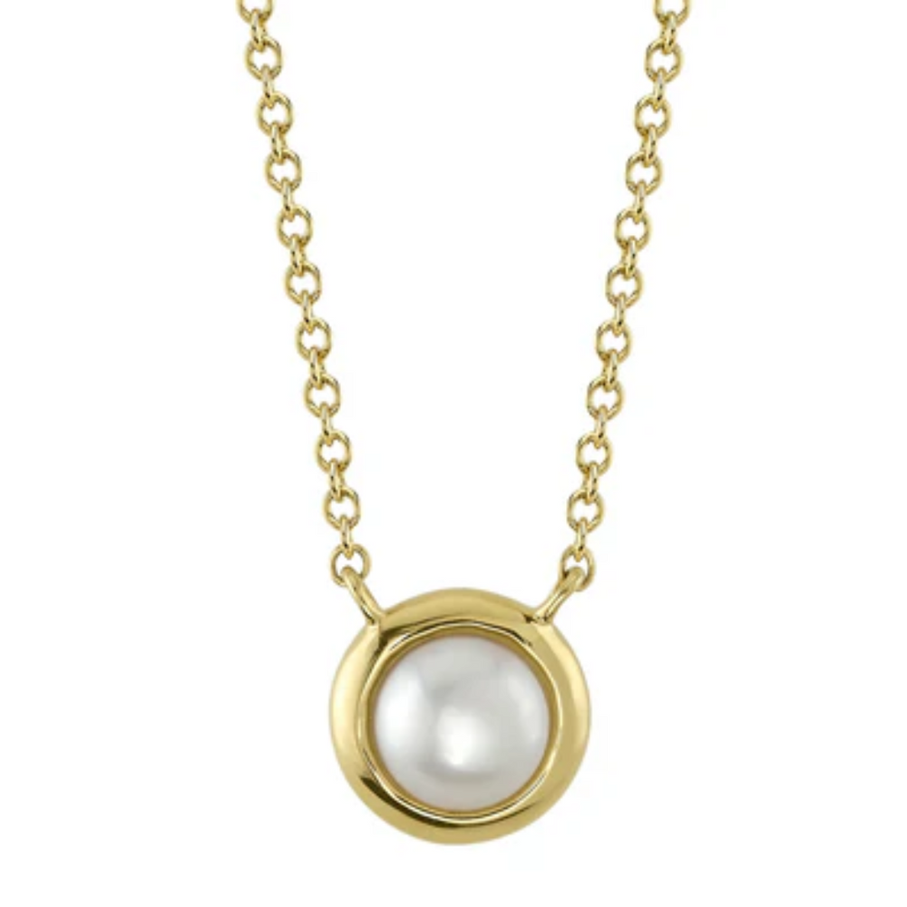 14ky - Bezel Pearl Necklace - 16-18"