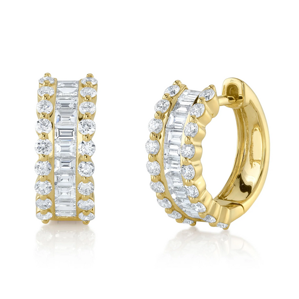 Three Row Baguette Diamond Huggie Hoop Earrings