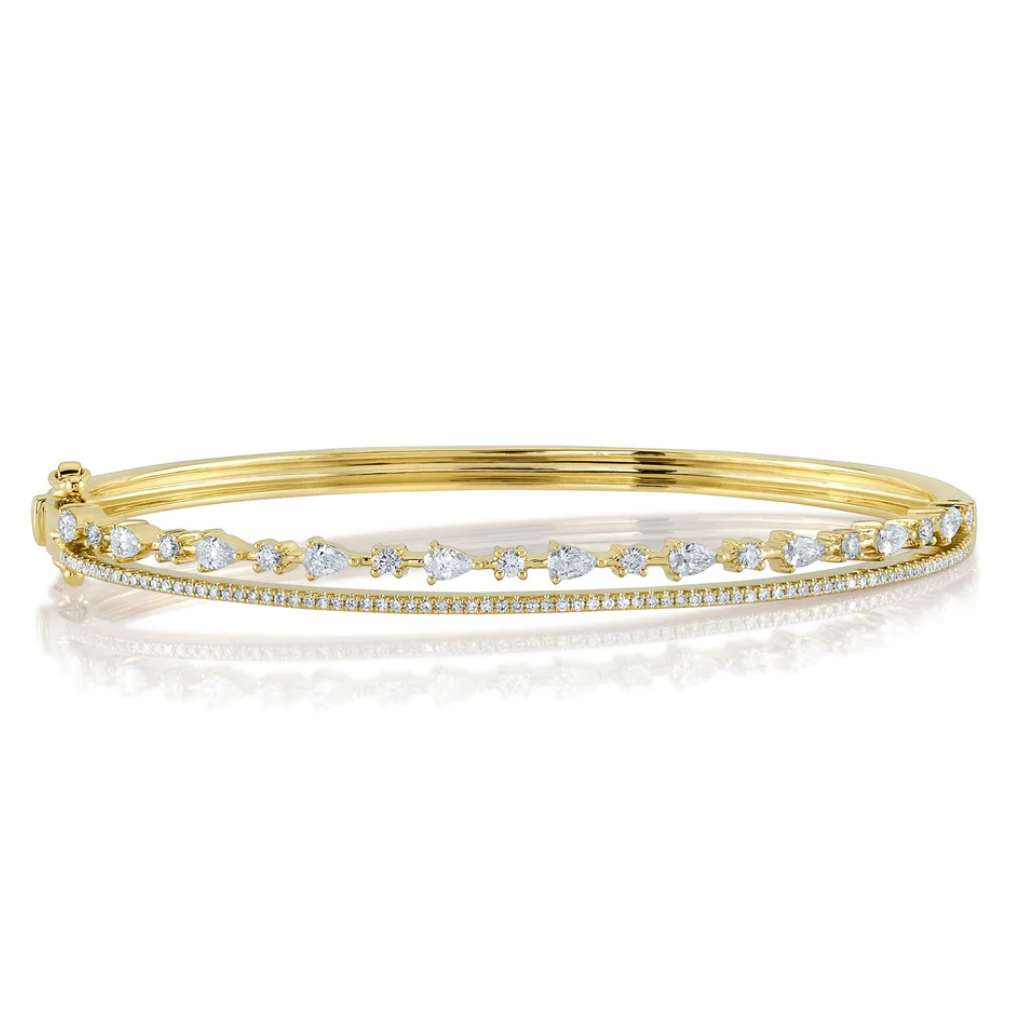 Two Row Open Design Diamond Bangle Bracelet with Pear and Round Diamonds Alternating, 0.93 CTTW - Carter's Collective Fine Jewelry