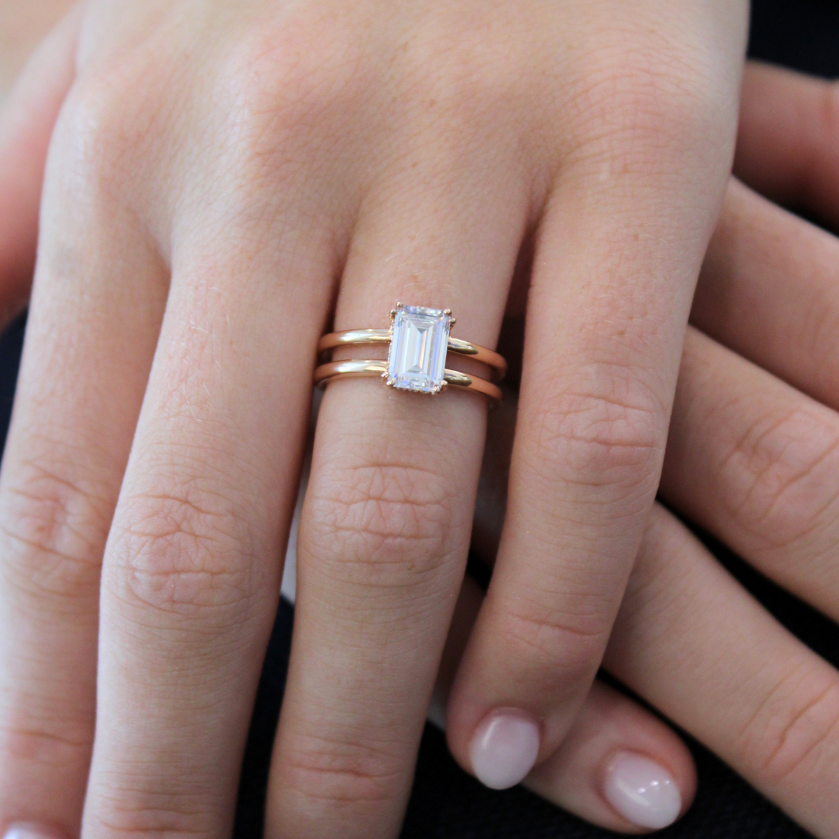 Emerald/Radiant Double Row Band with Diamond Hidden Halo Engagement Ring Setting (Does Not Include Center Stone)