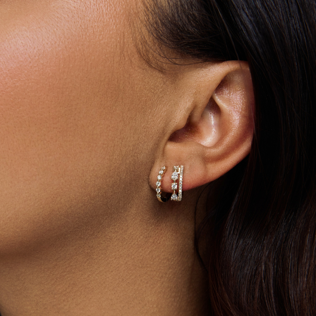 Two Row Diamond Huggie Hoop Earrings with Pear Shape Accents, 0.43 CTTW - Carter's Collective Fine Jewelry