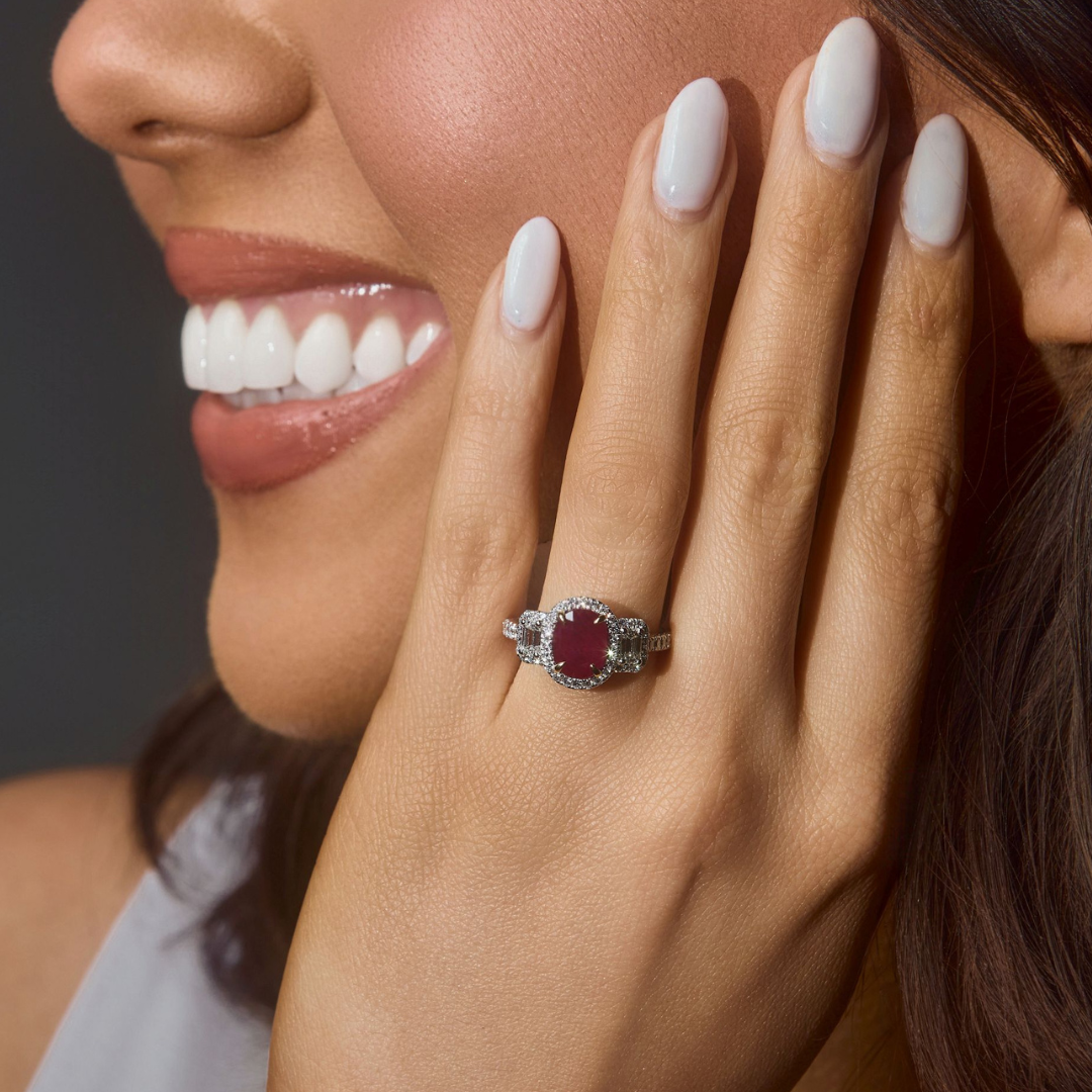 Ruby Oval Diamond Halo Three Stone Ring, 3.11 CTTW - Carter's Collective Fine Jewelry