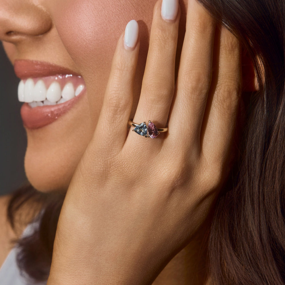 Pear Cut Pink Sapphire and Trillion Cut Aquamarine Two Stone Ring, 1.78 CTTW - Carter's Collective Fine Jewelry