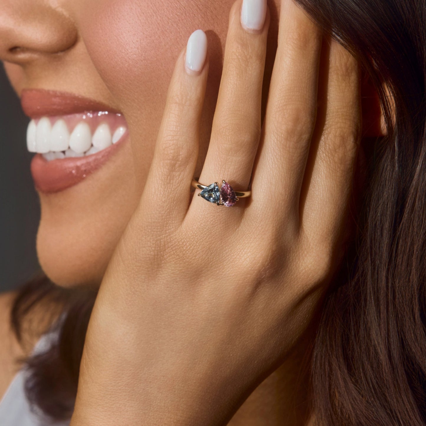 Pear Cut Pink Sapphire and Trillion Cut Aquamarine Two Stone Ring, 1.78 CTTW - Carter's Collective Fine Jewelry