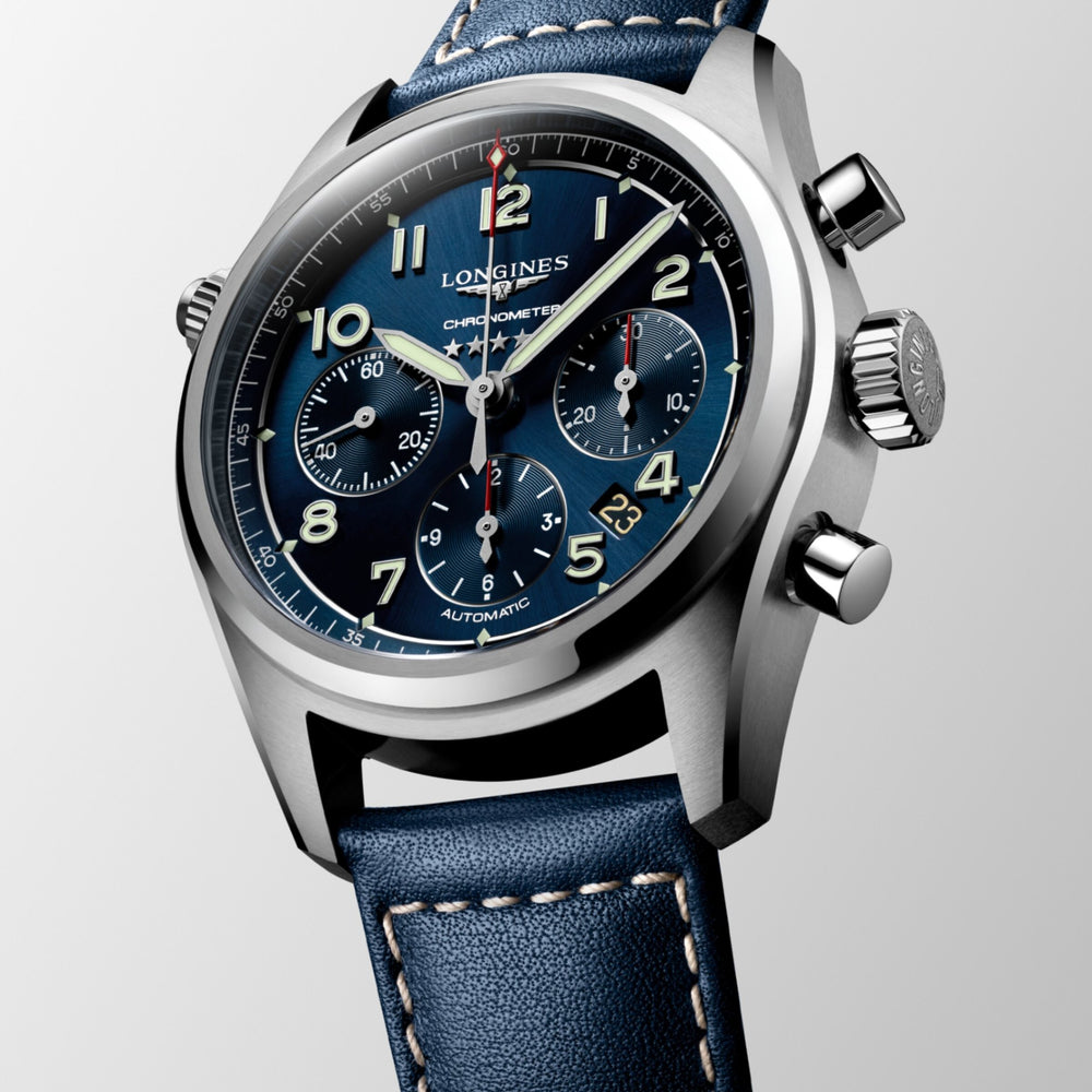 
                  
                    Longines "Spirit Chronograph" Watch with Sunray Blue Dial & Blue Leather Strap - Carter's Collective Fine Jewelry
                  
                