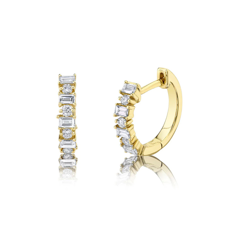 Alternating Baguette and Round Diamond Huggie Hoop Earrings