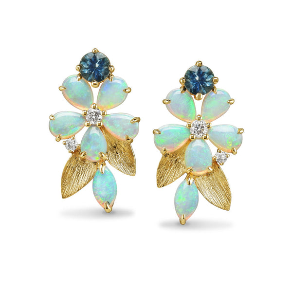 Australian Opal, Montana Sapphire & Diamond Flower Earrings