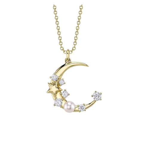 Diamond and Pearl Crescent Moon and Star Necklace