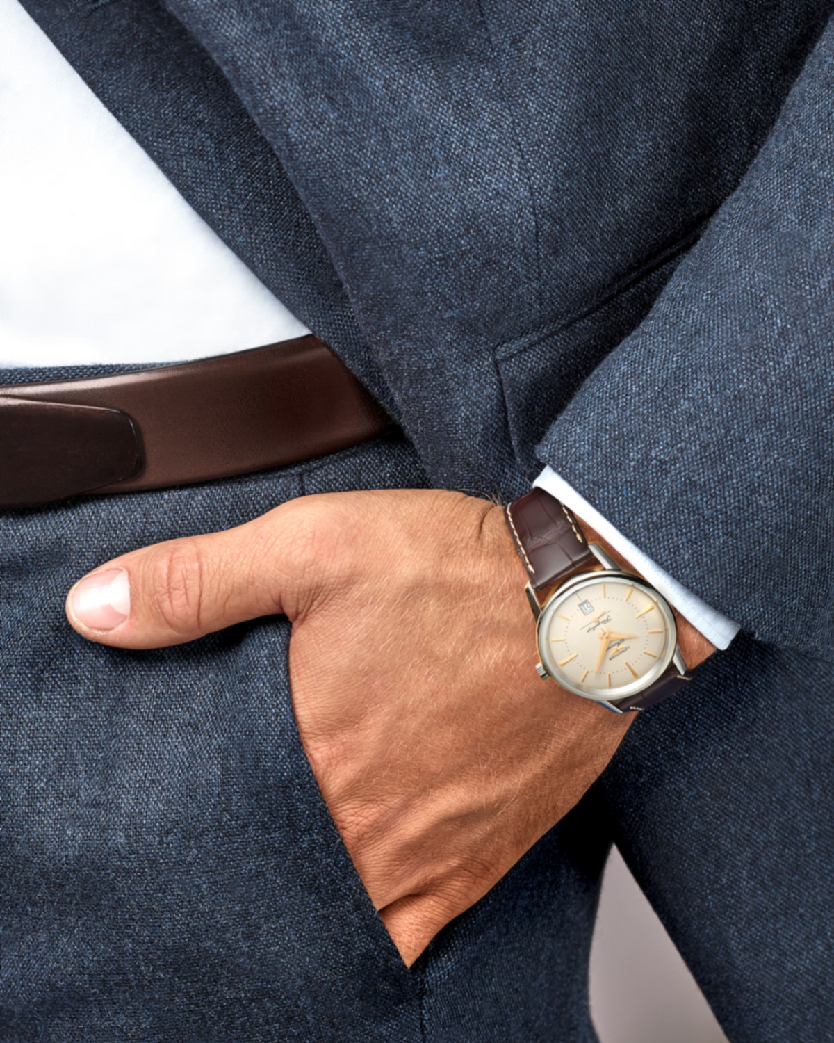 Longines "Flagship Heritage" Watch with 18k Details & Brown Alligator Leather Band, 38mm - Carter's Collective Fine Jewelry
