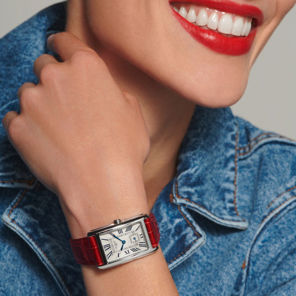 Longines "Dolcevita" Watch with Silver "Flinqué" Dial & Red Alligator Leather Band, 23.3mm x 37mm - Carter's Collective Fine Jewelry