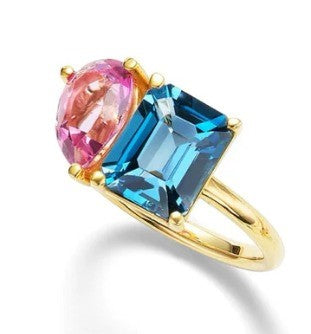 Pear Cut Pink Topaz & Emerald Cut Blue Topaz Two Stone Ring